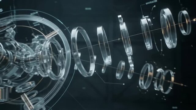Dynamic Industrial Mechanisms Exploding Components in Futuristic Assembly Scene