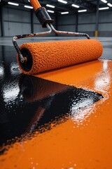 Obraz premium Worker applies bright orange epoxy resin coating on dark warehouse floor using paint roller. Professional industrial floor renovation process creates smooth shiny surface. Construction crew maintains