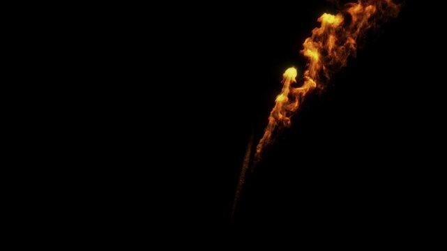 Quick bursts of fire and flames similar to the flames that is used on stage for music concerts, quick flamethrower bursts going in semi-circle, isolated with mask pass