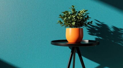 Fototapeta premium Minimalist interior design with green plant in orange pot on black side table. Modern houseplant sits against teal wall in bright sunlight. Simple home decor setup creates calm atmosphere in living