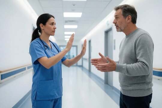 Female nurse uses calm hand gestures to de-escalate angry male patient in hospital corridor. Medical pro manages conflict through nonverbal communication, body language. Healthcare worker maintains