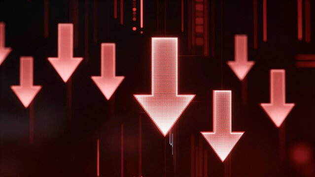 Abstract digital display with bright red downward arrows on a dark background
