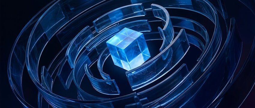 Abstract futuristic 3D render of a glowing blue glass cube at the center of concentric circular rings, representing quantum computing, digital data storage, and advanced technology innovation.