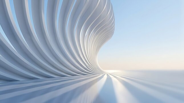 Abstract futuristic architecture featuring white curved parametric ribs forming a wave shape under a clear blue sky, modern minimalist design concept for innovative construction background.