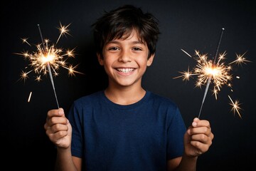 Fototapeta premium Happy Brazilian boy holds lit sparklers in both hands. Young kid smiles brightly against dark background. Child celebrates festive occasion with glowing fireworks. Joyful kid enjoys magic light,