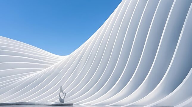 Abstract Futuristic White Parametric Architecture Featuring Undulating Curved Ribs and Organic Flowing Lines Set Against a Clear Blue Sky, Modern Minimalist Building Exterior Design Concept