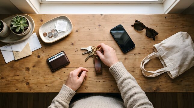 A man picks up his house keys from a rustic wooden entryway table before heading out for his daily morning routine in a cozy modern apartment