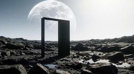 Fototapeta premium Minimalist black rectangular portal stands on rocky alien planet surface. Surreal gateway opens to another dimension under giant moon in deep space. Futuristic sci-fi landscape with cosmic moon, dark