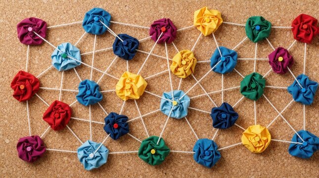 Colorful fabric knots connected by white strings on cork board. Abstract network of nodes creates complex web pattern. Creative concept for business strategy, teamwork, idea brainstorming. Visual map