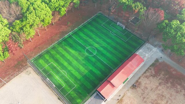 Aerial view of a green soccer field with white markings surrounded by trees and a small building in Batu, East Java, Indonesia.