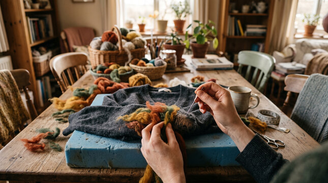 A person uses a needle to attach colorful wool roving to a grey sweater at a table.