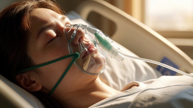 Close up of sick female patient wearing oxygen mask on hospital bed. Young woman rests in clinic ward with medical breathing apparatus. Warm sunlight shines on face during recovery process in medical