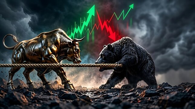 Bull and bear playing tug-of-war in a dramatic stock market struggle, featuring financial charts with green and red arrows against a stormy sky, symbolizing global economic volatility and risk.