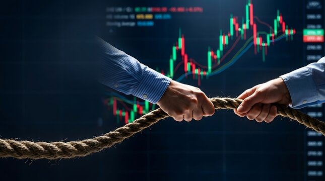 Business Competition Concept with Two People Playing Tug of War against a Stock Market Candlestick Chart Background, Representing Financial Struggle, Market Volatility, and Corporate Rivalry