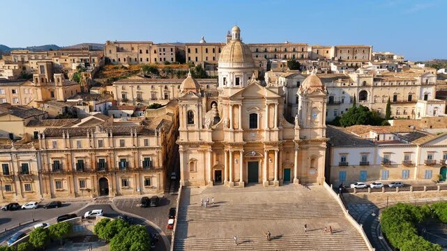 Cattedrale di San Nicol&ograve; Noto Sicily Drone Aerial, Baroque Cathedral & Historic City