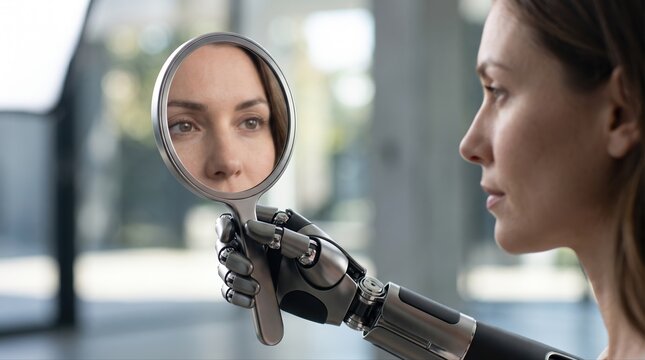Robot hand holding a mirror reflecting a womans eyes and nose, exploring AI and human robot interaction, identity, self reflection, and the future of technology