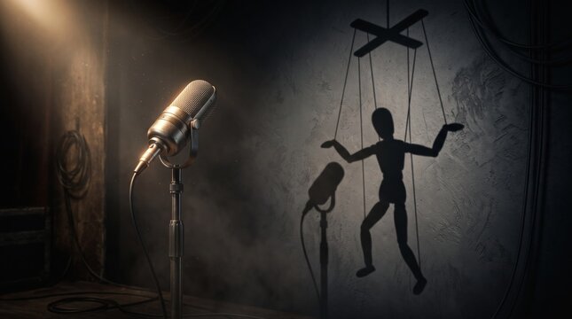 Vintage microphone in a spotlight against a textured wall, its shadow forming a marionette puppet with strings, evoking control, influence and hidden power in media communication
