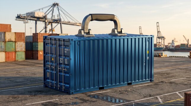 Blue shipping container with a briefcase handle standing in a commercial port, symbolizing global logistics, international trade, and the portability of goods in worldwide supply chains