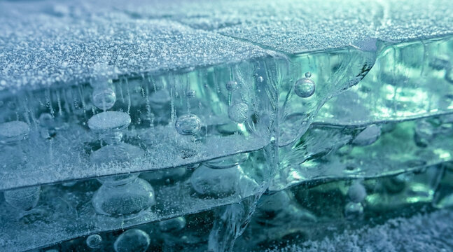 霜をまとった層状の氷の断面　重なる氷の間に閉じ込められた気泡のマクロ