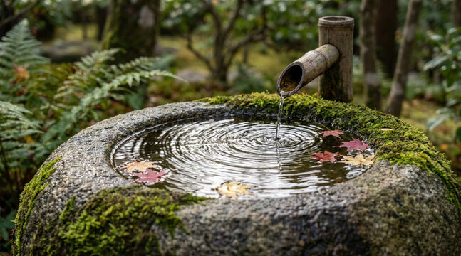 苔むした丸い石鉢に注ぐ竹の筧の水　もみじの葉が浮かぶ静かな庭