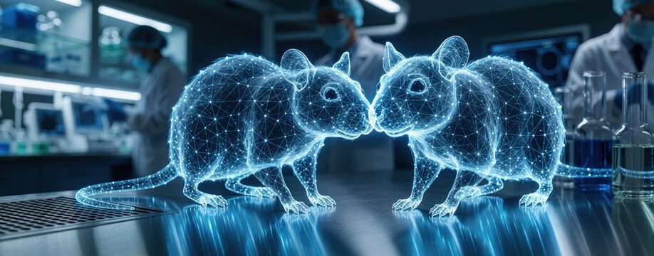 Two glowing blue rat holograms face in high tech lab. Digital rodent models show wireframe structure for science research. Scientists work in background of biotech facility to study virus