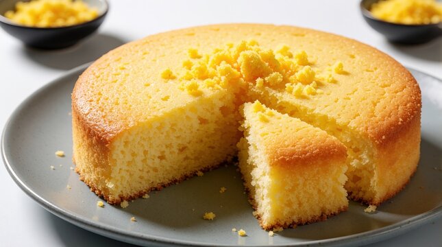 Round yellow sponge cake on grey plate with missing slice. Sweet baked dessert yellow crumble garnish on top. Minimalist food setup with small bowls in background. Tasty homemade pastry piece served