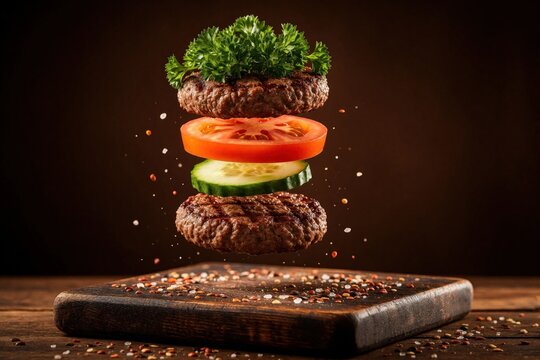 Flying burger ingredients float above wooden board. Deconstructed beef patty with tomato slice, cucumber above another meat layer. Fresh vegetables, spices levitate in air against dark brown