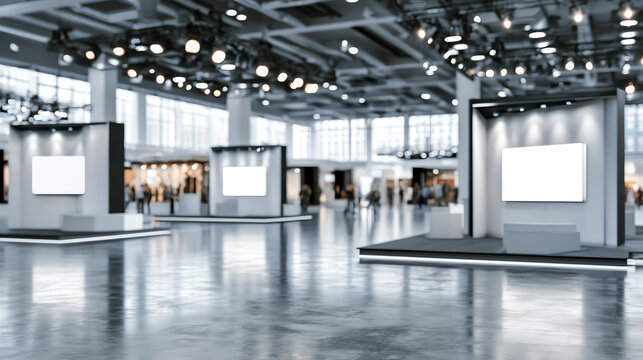 Modern exhibition hall with bright lighting, showcasing empty display boards for future events and presentations.