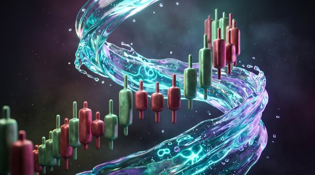 Dynamic 3D clay candlestick chart surrounded by a surreal liquid spiral, futuristic market visualization representing price movement, trading and volatility