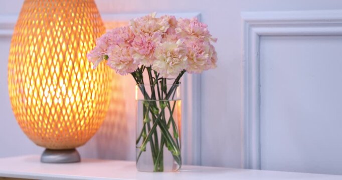 Pink carnation flowers in vase and lamp on white dresser indoors, closeup. Camera moving left