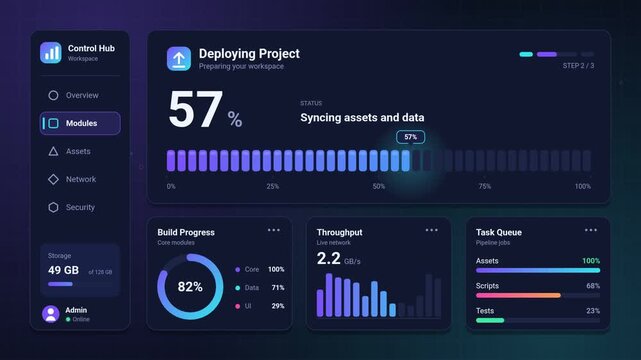 Modern software deployment progress interface with storage and build statistics dashboard