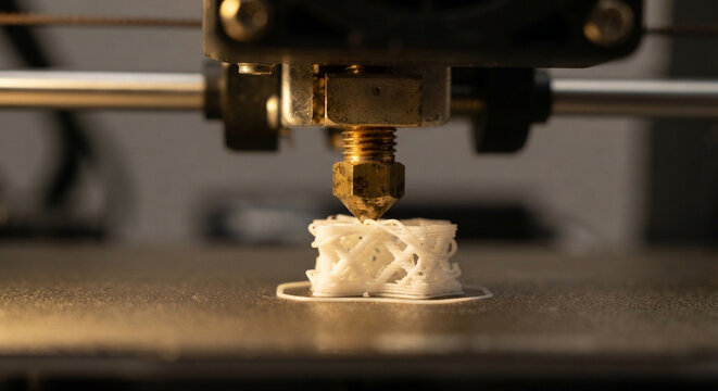 Close-up of 3D printer brass nozzle printing white lattice structure with additive manufacturing filament