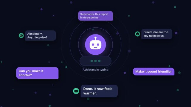 Artificial Intelligence Chatbot Interface Processing User Requests with Animated Speech Bubbles, High-Tech Motion Graphics