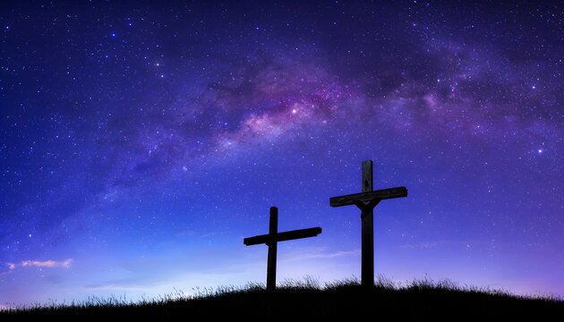 Silhouettes of wooden crosses on a grassy hill under the vibrant Milky Way galaxy and starry night sky