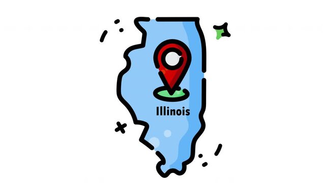 Animated Illinois map with blue outline and red star markers. Suitable for travel guides, educational materials, and statethemed designs. Ideal for statespecific content and products.