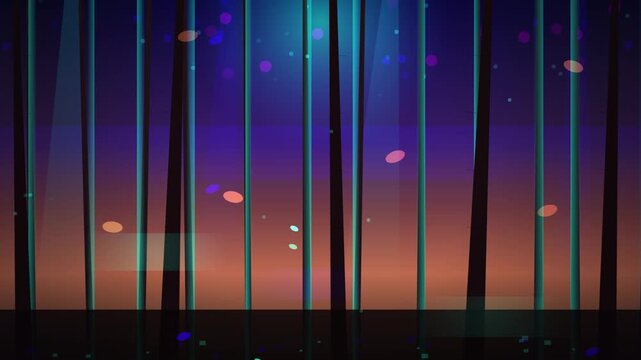 Abstract purple and blue background features vertical light beams and floating particles creating a seamless looping motion effect suitable for digital backgrounds.