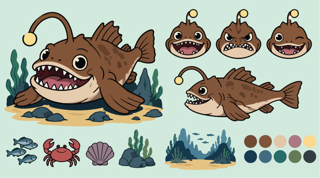 Scary anglerfish character sheet with ocean floor assets.