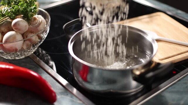 Rice falls into a pot of boiling water, next to it fresh mushrooms and parsley
