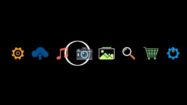 Minimalist Digital Icons Set Featuring Camera and Cloud Upload Against Solid Black Background