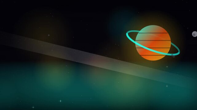 Looping space illustration featuring a ringed orange planet against a dark blurred cosmic background