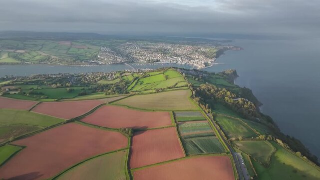 Colours of autumn Fields and Farms from a drone, Sheldon, Devon, England, United Kingdom