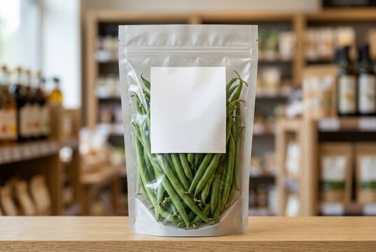 Fresh organic green beans in a clear stand-up pouch with empty white label mockup on retail shop counter background.