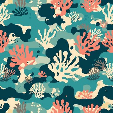 A colorful underwater pattern featuring abstract coral formations and wavy ocean textures.