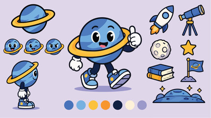 Saturn ringed planet mascot with space school and rocket icons. © kibay