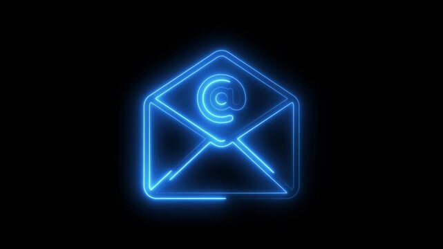 Glowing blue neon outline of an open envelope with an at symbol inside on a black background digital animation communication concept