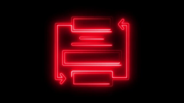 Red neon flowchart diagram animation with arrows indicating process flow and data movement on a dark background representing