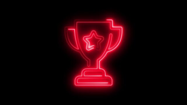 Red neon glowing trophy icon with star inside on black background abstract award symbol success achievement concept digital