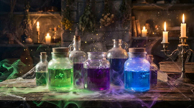 Glowing magic potion bottles bubbling with colorful smoke on an alchemy table