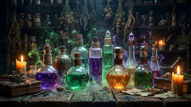 Magical potion bottles bubbling with glowing liquid on an alchemist wooden table