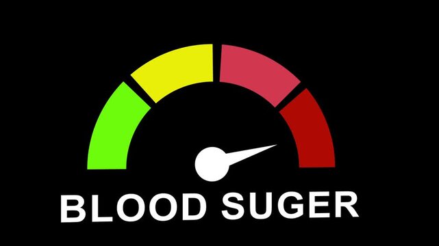 Animated sugar level indicator gauge with dynamic needle movement for medical health monitoring and diabetes management presentations, featuring green, yellow, and red risk zones on black background